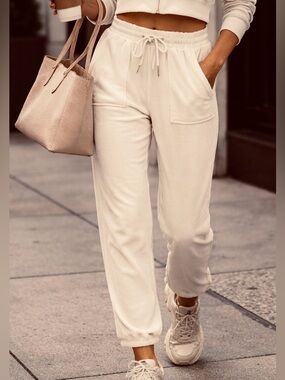 Cozy White Drawstring Velour Jogger Bottoms S